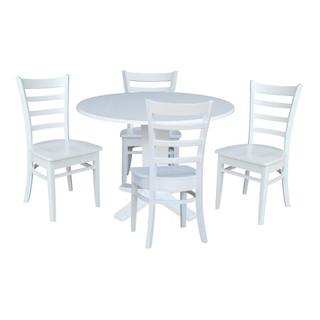 International Concepts 42 in. Solid Wood Round Drop Leaf Pedestal Table with 4 Dining Chairs in White K08-42DPT-23B-C617-4